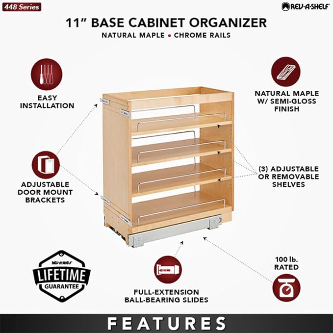Rev-A-Shelf Maple Pullout Organizer for Full Height Base Cabinets, Full Extension Slides & Adjustable Shelves, Min Opening Width of 11.5",448-BC-11C - Image 2