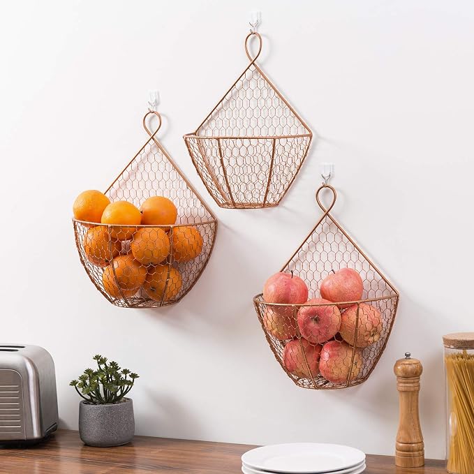 MyGift Set of 3, Farmhouse Copper Metal Wire Mesh Wall Hanging Baskets, Wall-Mounted Storage Basket, Decorative Kitchen Fruit Wall Basket Produce Holder - Image 2