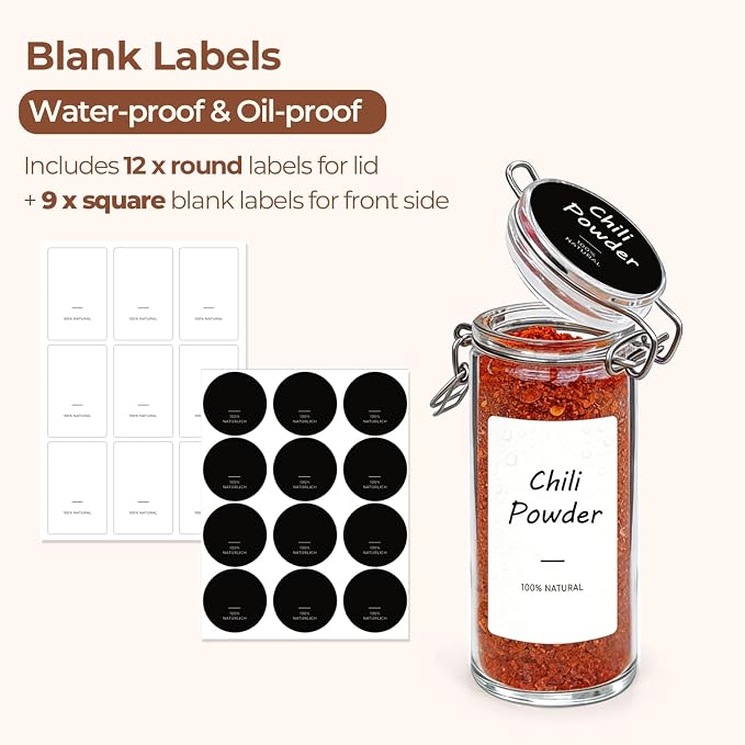 ComSaf Small Glass Spice Jars with Airtight Lids 4 oz 6 Pack with Labels | Seasoning herbs powders, Salt pepper chili, Spice rack cabinet organization, Small size, Funnel included, Party favors - Image 4