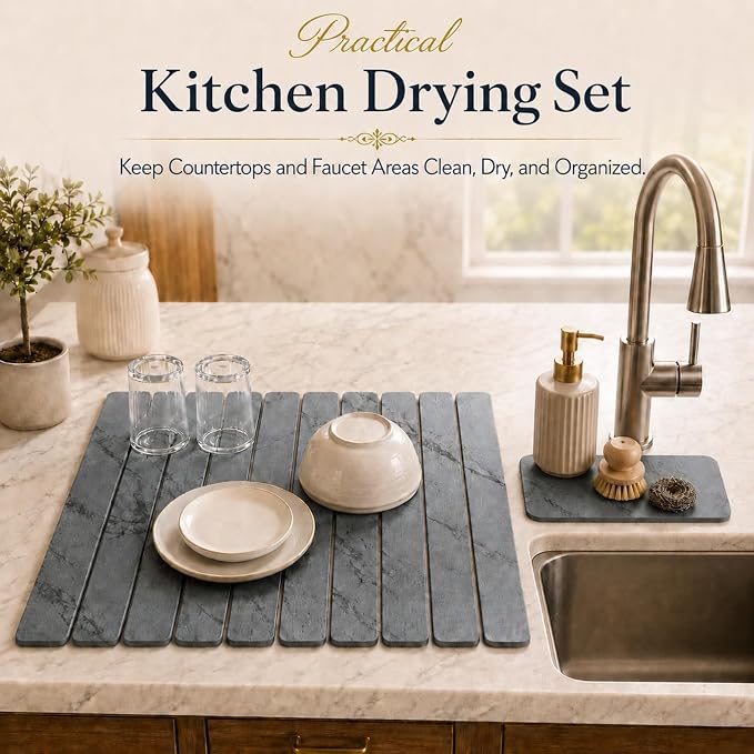 2 PCS Large Stone Dish Drying Mat for Kitchen Counter, 24" x 16" Diatomaceous Earth Dish Mat with 8" x 4" Coaster, Quick Dry Foldable Absorbent Mat for Dishes, Cups, Bottles (Dark Gray) - Image 3