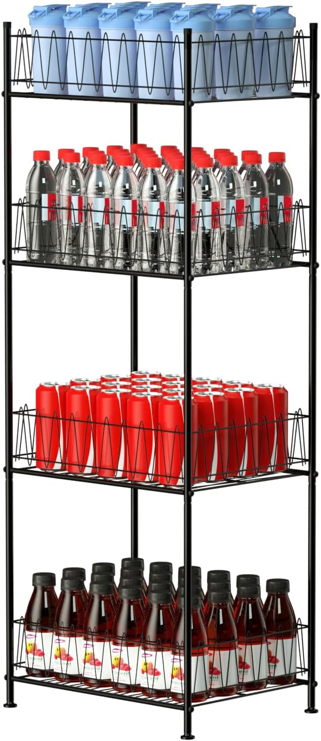 ETELI Water Bottle Organizer 4 Tier FreeStanding Water Bottle Holder Storage Rack Floor Metal Drink Soda Can Organizer for Pantry Kitchen Food Storage, Black by ETELI