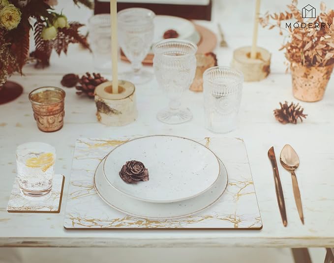 Set of 4 Heat Resistant Cork Placemats for Dining Table with Free Set of 4 Matching Drink Coasters Marble Design 16 x 12 Inches Cork Backed Hard Placemats (Foiled Gold) - Image 8