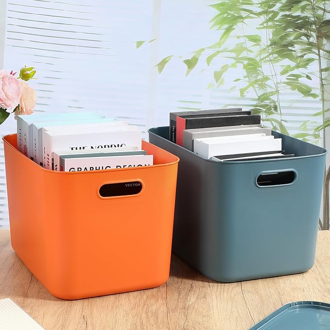 8 Pieces Colorful Storage Bins with Lid, Plastic Storage Basket Organizing Container Stackable Box with Handle for Shelves Desktop Playroom Office(14.2 x 10.2 x 9.5 Inch,Blue and Orange) - Image 4
