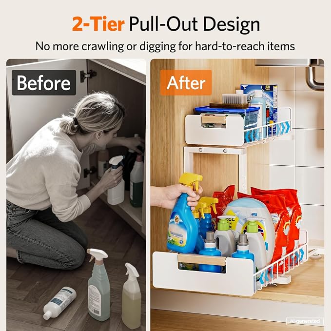 Delamu 2-Pack Under Sink Organizer, 2 Tier Pull out Under the Kitchen Sink Storage, Slide out Cabinet Organizer Shelf, Metal Sliding Drawer for Bathroom Pantry Closet Organization Rack, White - Image 5