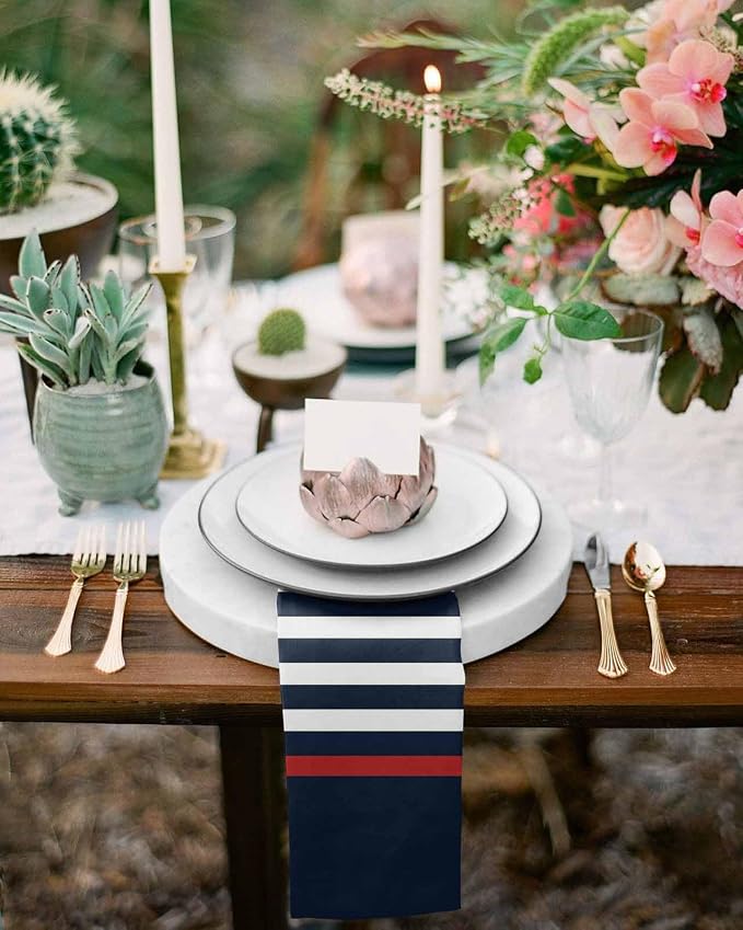Navy Blue Striped Cloth Napkins Set of 8, Red Anchor Summer Seaside Dinner Napkins Cloth Washable, Cocktail Napkins Reusable for Wedding, Party, Birthday (20"x20") - Image 6