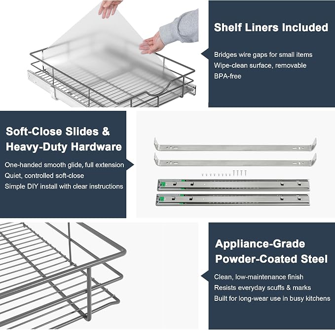 Pull Out Shelves - 17" W x 22" D Soft Close Pull Out Cabinet Organizer 1 Tier - Sliding Shelves with Shelf Liner - Heavy Duty Steel Wire Drawers for Kitchen Cabinets, Pantry, Bathroom - Image 4