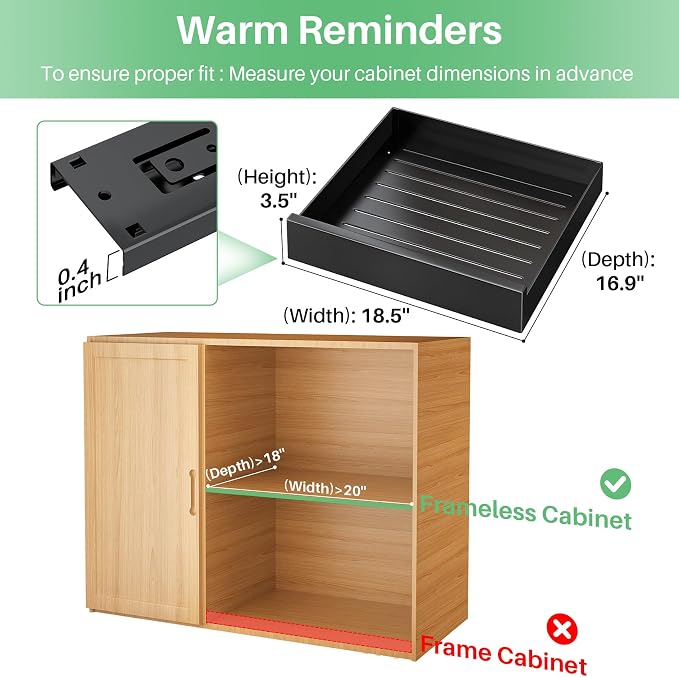 Pull Out Cabinet Organizer with Nano Adhesive, Heavy Duty Full-Extension Slide-Out Drawer for Kitchen Cabinet Organizers and Storage, No Drill Roll out Pantry Shelf, 18.5"W x 16.9"D x 3.1"H , Black - Image 2