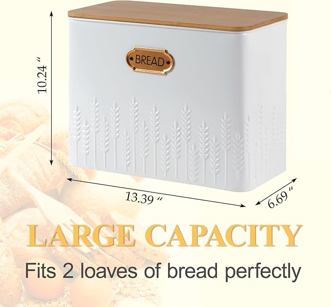 Extra Large Ear of Wheat Embossed Bread Box with Bamboo Lid | Corner Breadbox for Homemade Bread, White Metal Bread Storage Container Bin for Kitchen Countertop, Fits 2 Loaves of Bread - Image 6