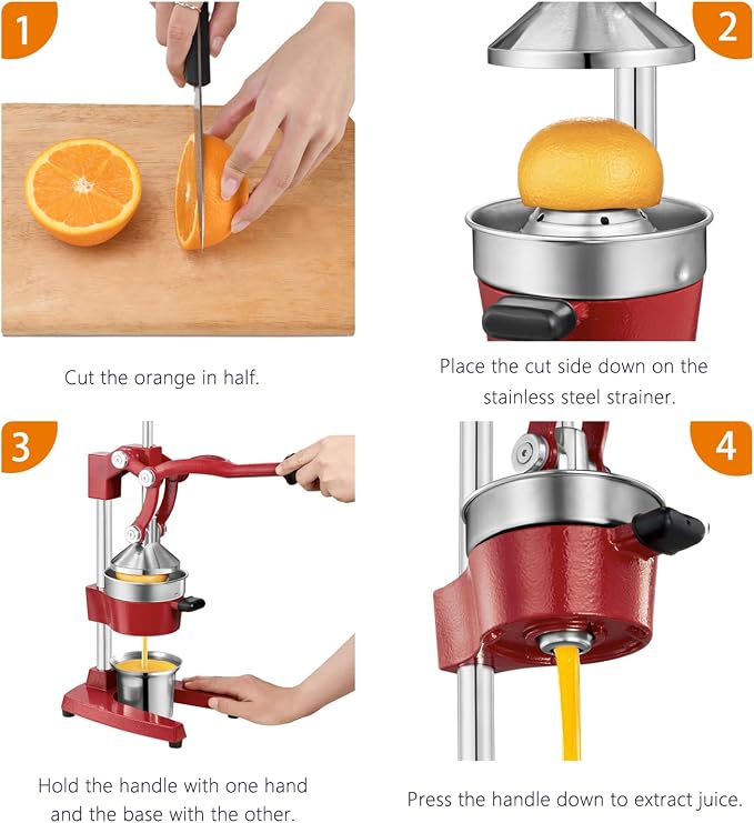 TONGCHANT Cast Iron Manual Juicer for Orange Lemon Lime Pomegranate &Citrus | Heavy Duty Orange Juicer Squeezer, Hand Press Juicer, Citrus Press, Stainless Steel Cup, Easy to Clean, Red - Image 6