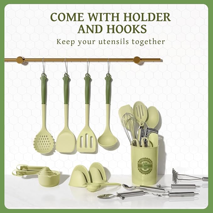 Kikcoin 43 PCS Silicone Kitchen Utensils Set, Dishwasher Safe Kitchen Cooking Utensils Set, 446°F Spatulas Silicone Heat Resistant, Non Toxic Silicone Utensils Set With Two-Tone Grip Handles, Green - Image 7
