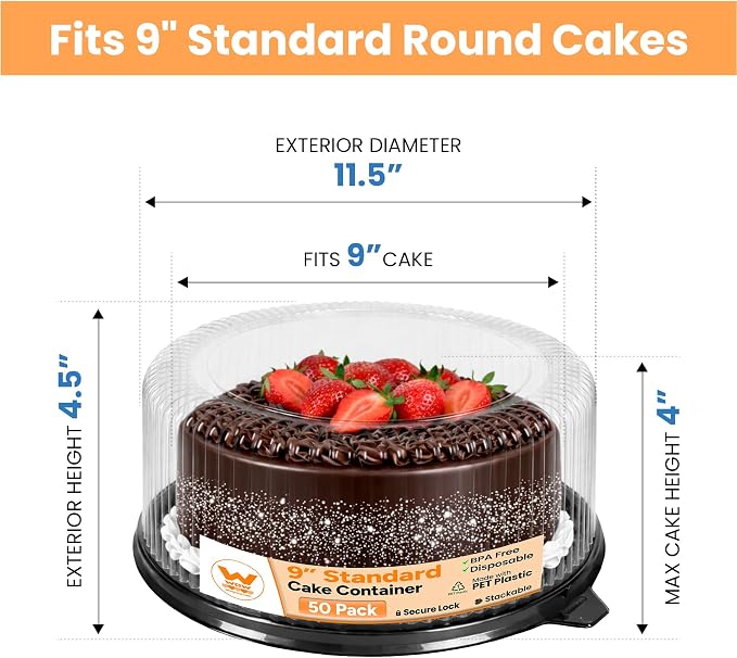 WOW 9in Standard PET Round Cake Carrier, 50-Pack | Fits 9in Cakes, Clear Dome Lid, Stackable, Lightweight, Desserts, Pies, Pastries, 11.5in Diameter - Image 2