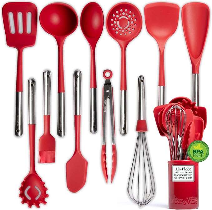 Larder & Vine 12-Piece Silicone Kitchen Cooking Utensils Set with Stainless Steel Handle and Ceramic Holder, Dishwasher Safe Set of Kitchen Essentials (Cabernet) by LarderVine