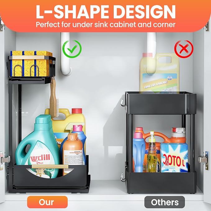 Under Sink Organizer and Storage 2 Tier Cabinet Pull Out Shelf Organizers | 2 Pack 2 Tier under sink storage for Bathroom and Kitchen Slide Out Drawer Organization for Home Cabinets Shelves and Drawers - Image 4