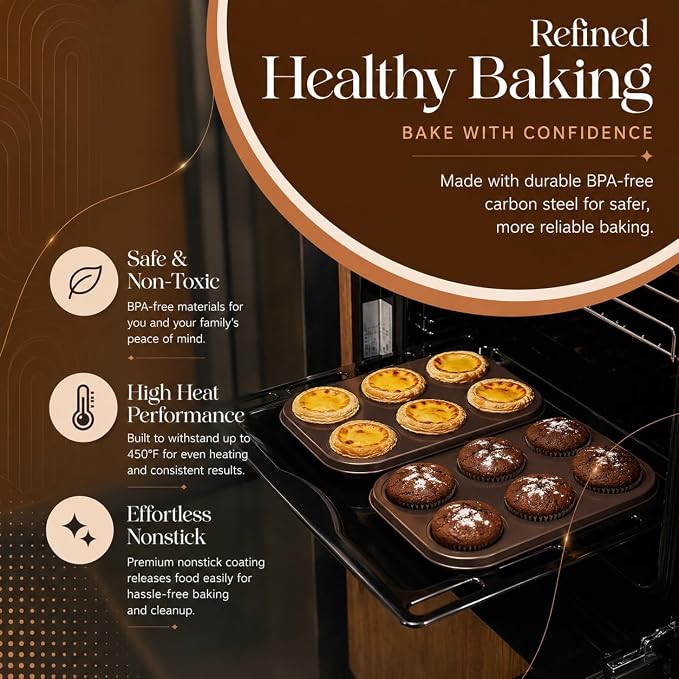 Nonstick Bakeware Set 8 Piece - Stackable Baking Pan Set, Oven safe 450°F, Carbon Steel Baking Set with Muffin, Loaf, Cookie Sheets & Roaster, Easy Storage, BPA-Free (Dark Brown) - Image 6