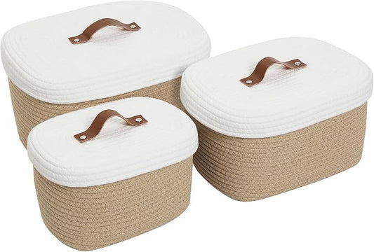 Set of 3 Nesting Woven Storage Baskets with Lids, Cotton Rope Decorative Basket Set for Shelf Closet Living Room Organizing, Rectangular Beige & White by Cottonphant