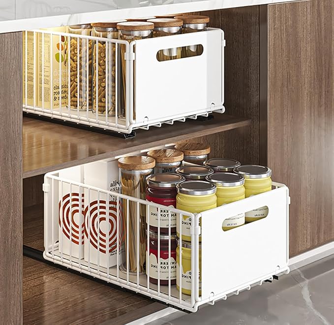 YunNasi Pull Out Cabinet Organizer, White, 2Piece 9.8" W X15 D X7.5 H | Slide Out Drawer Storage Shelves, Cupboard Organiser, Sliding Cabinet Basket for Kitchen, No Drilling and Nailing by YunNasi