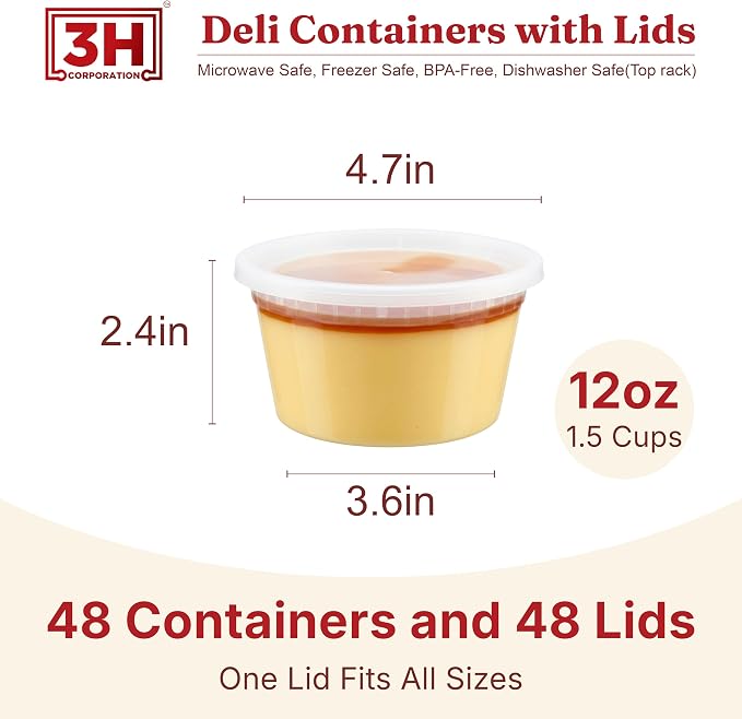 12oz Deli Containers with Lids (48 Set/96 Pcs) Small Fruit Cups with Lids, Freezer Microwave Safe, BPA-Free Stackable Airtight Leakproof Salad Dressing Condiment Dipping Sauce Cups - Image 2