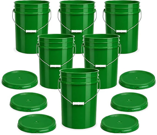 5 Gallon Bucket - Food Grade w/Lid BPA-Free, 6 Pack - Green | Airtight Gasketed Tear Strip Lid, Heavy-Duty 90 Mil HDPE Plastic Pail, Bulk Storage, Food Safe Durable Container, Made in USA by ePackageSupply