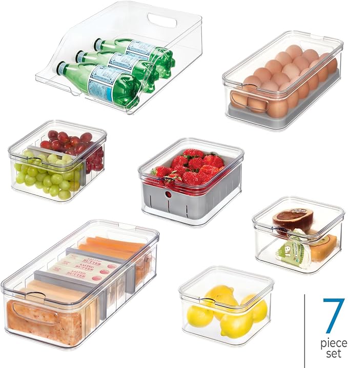 iDesign Crisp 7-Piece Recycled Plastic Refrigerator Organizer Bin Set | With Lids, Clear/Gray - Image 2