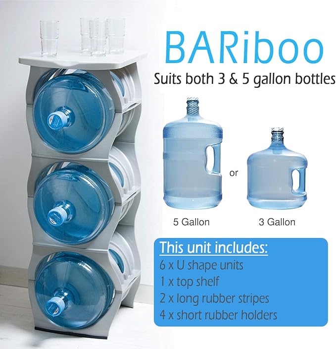 Stackable Water Bottle Storage Rack Best Water Jugs 5 Gallon Organizer. Jug Holder for Kitchen, Cabinet and Office Organizing. Reinforced Polypropylene (Silver, 3 Plus Shelf) - Image 2