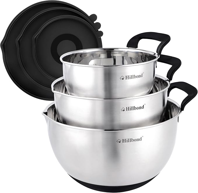 Hillbond Stainless Steel Mixing Bowls with Lids Set, Set of 3, Black | mixing bowls with Pour Spout, Silicone Handle, Non-Slip Bottoms, Dishwasher Safe, Metal Mixing Bowls for baking by Hillbond