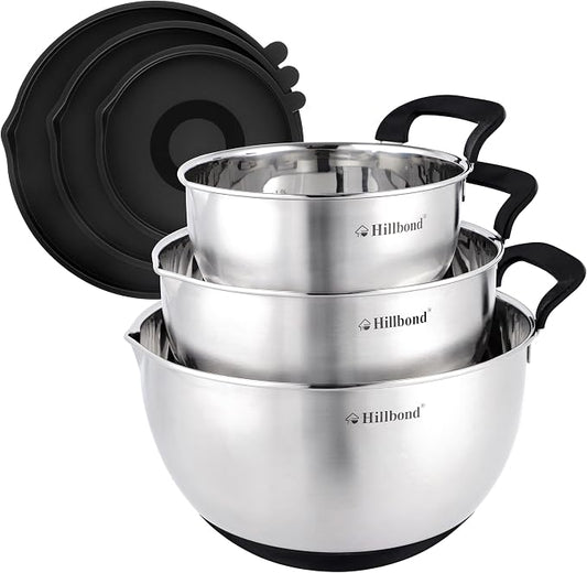 Hillbond Stainless Steel Mixing Bowls with Lids Set, Set of 3, Black | mixing bowls with Pour Spout, Silicone Handle, Non-Slip Bottoms, Dishwasher Safe, Metal Mixing Bowls for baking by Hillbond