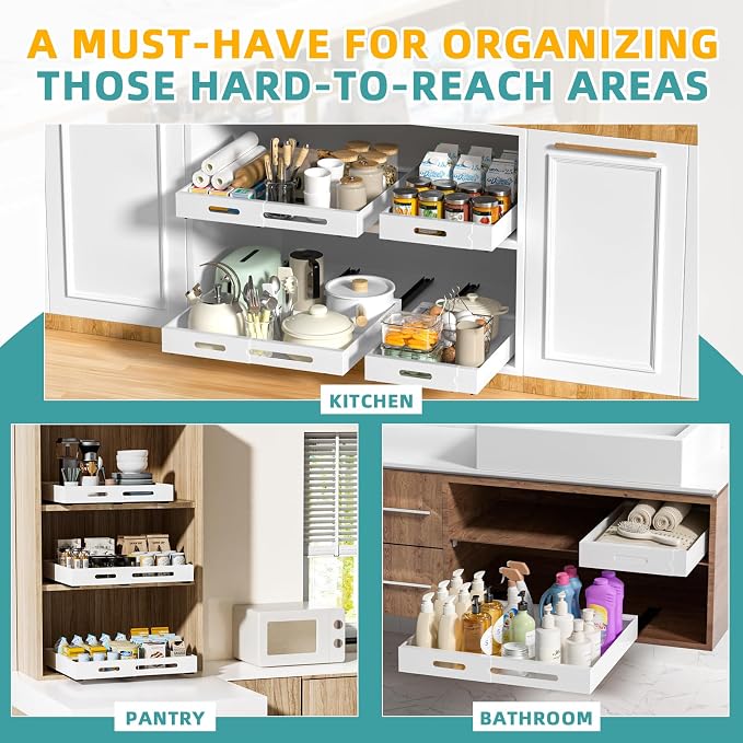 HBL' 1 Pack | 21" Deep Pull Out Cabinet Organizer Adhesive, (13.8" to 22.0") Width Expandable Sturdy Carbon Steel Roll-Out Drawers, Designed for Frameless Cabinets, Slide-Out Shelves for Pantry. - Image 6