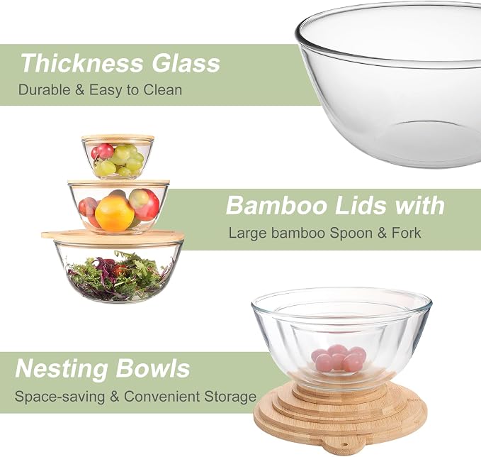 JOYMAY Glass Salad Bowls, Set of 3 Glass Bowls with Bamboo Lids Large Serving Bowl for Salad, Pasta, Desserts, W/Bamboo Utensils Salad Fruit Nesting Bowl for Cooking,Baking,Prepping,Serving & Storage - Image 5