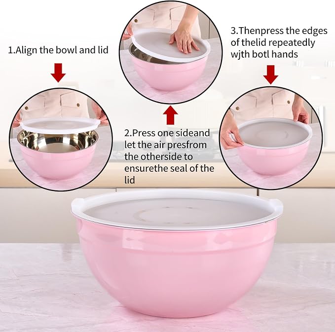 Pink Mixing Bowls with Lids Set of 7, Stainless Steel Nesting Bowl with Khaki Lid for Non-slip Mixing Prepping Storing Serving, 7 Sizes-7/3.6/2.7/2.1/1.5/1/0.8 QT - Image 3