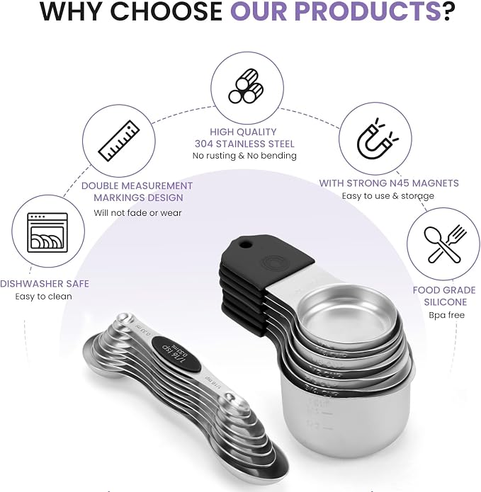 Magnetic Measuring Cups and Spoons Set-Heavy Duty 304 Stainless Steel，Double Measurement Markings，Set of 16 with Leveler for Measure Dry and Liquid Ingredients (Black) - Image 2