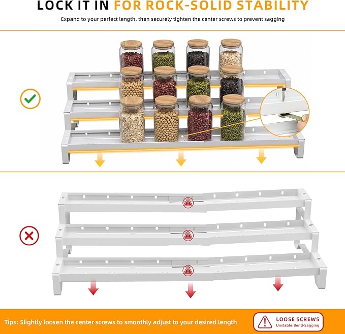 2 Pack Spice Rack Organizer for Cabinet, 13-21.5" Expandable Spicy Shelf | 9.45" Depth 3-Tier White Metal Seasoning Organizer, Kitchen Spice Organization, Slip-Resistant Guardrails for Jars and Cans - Image 7
