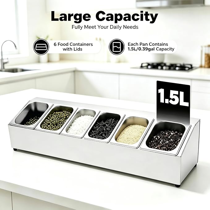6Pans Pizza Topping Station Organizer Container Food Prep Condiment Caddy | Ingredients Holder Spice Rack Stainless Steel Candy Container Set with 6 Pans & Lids, Food Truck Restaurant Kitchen Buffet - Image 3