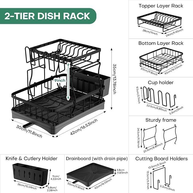 2 Tier Dish Rack, Carbon Steel Dish Drying Rack for Kitchen Organization & Storage, Countertop / Sink Dish Rack with Automatic Drain Tray, Large Capacity Black Dish Rack - Essential Home Kitchen Item - Image 8