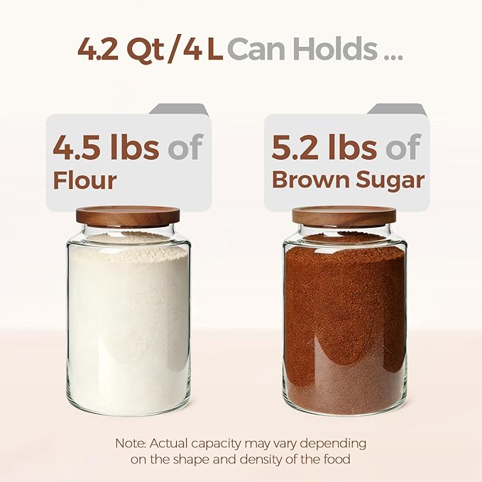 ComSaf Flour Storage Containers with Acacia Wood Lids 1Gallon 2Pack | 4.2Qt Large Glass Jar, for Cooks, Flour Cereal Rice Oats, Kitchen Pantry, 4.4in Wide Mouth, Canister with Scoops & Labels - Image 3