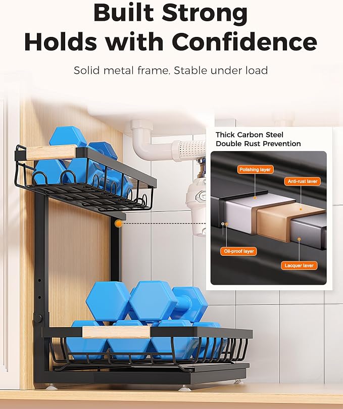 2-Pack 2-Tier Height Adjustable Under Sink Organizer & Storage | Multi-purpose storage for kitchen & bathroom cabinet. Extra Large black shelf, height adjustable design for space-saving. - Image 6