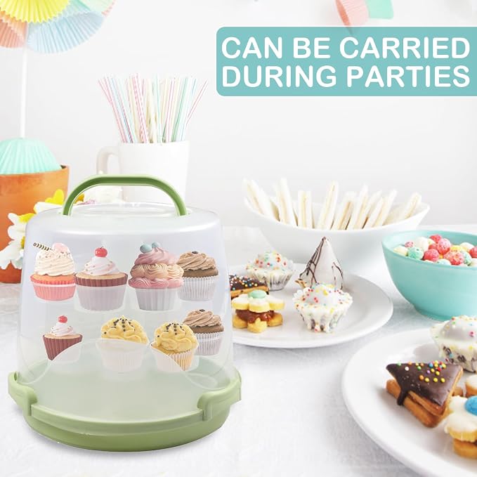 Cake Carrier Round Cake Stand Plus Height Cake Container with Cupcakes Pad, Handle, Lid Reusable Package Box for Transporting Desserts,Pie,Toast,Fruit (10" White) - Image 2
