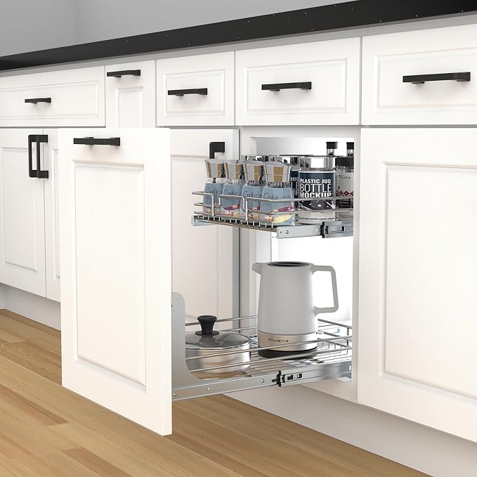 2 Tier Pull Out Cabinet Organizer, 20" W x 21" D Heavy-Duty Metal Sliding Drawer Shelf for Kitchen Cabinets, Chrome, Doesn't Include Door Fittings - Image 7