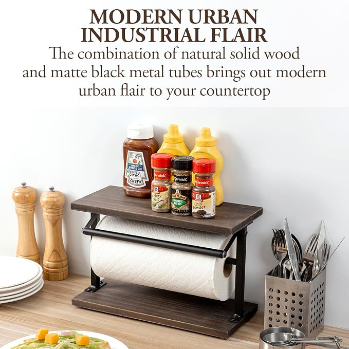 MyGift Kitchen Countertop Paper Towel Holder and Condiment Display Shelf Rack, Rustic Burnt Wood and Metal Towel Dispenser with Top Shelf for Bathroom or Kitchen - Image 2