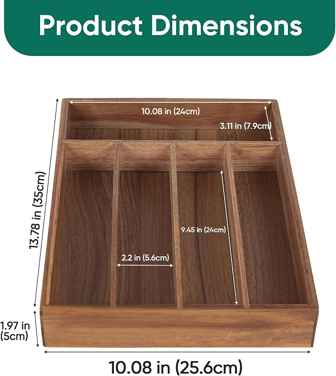 Acacia Wood Silverware Drawer Organizer, 5-Compartment Cutlery Tray | Fixed 10.08 x 13.78 x 1.97 in acacia wood tray with 5 compartments, reinforced base, and four anti-slip corner pads - Image 2