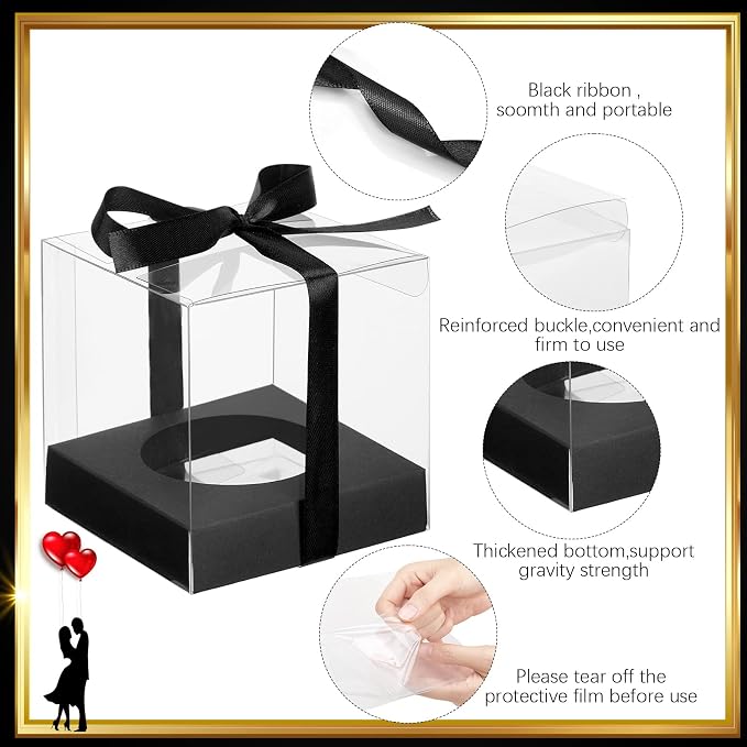 96 Pieces Individual Cupcake Boxes Single Cupcake Container Clear Cupcake Carrier Plastic Cupcake Storage Cupcake Holder with Ribbon and Insert for Wedding Birthday Party Favor, 3.5 x 3.5 x 3.5(Black) - Image 3