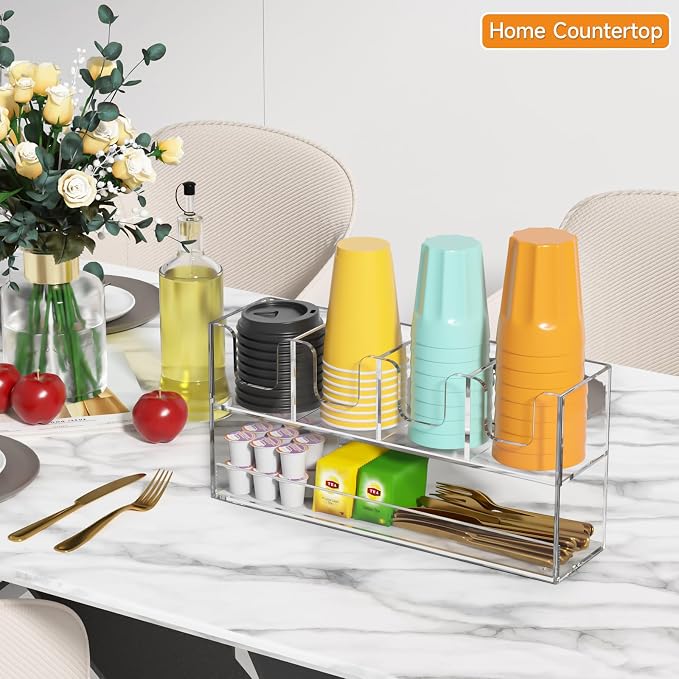 Beego 5-Compartment Cup Holder for Countertop - 2-Tier Clear Acrylic Cup Dispenser Coffee Station Paper Cup and Lid Organizer Condiment Storage for Restaurant Breakroom Kitchen Bar Accessories - Image 2