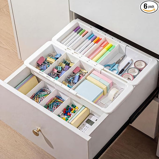 6 Pcs Expandable Drawer Organizer Bins Adjustable Deep Drawer Hanging Organizer Tray Expandable 11.4 to 18.1 Inches Plastic Dividers Storage for Office Bathroom Bedroom Kitchen Desk, White by Unknown