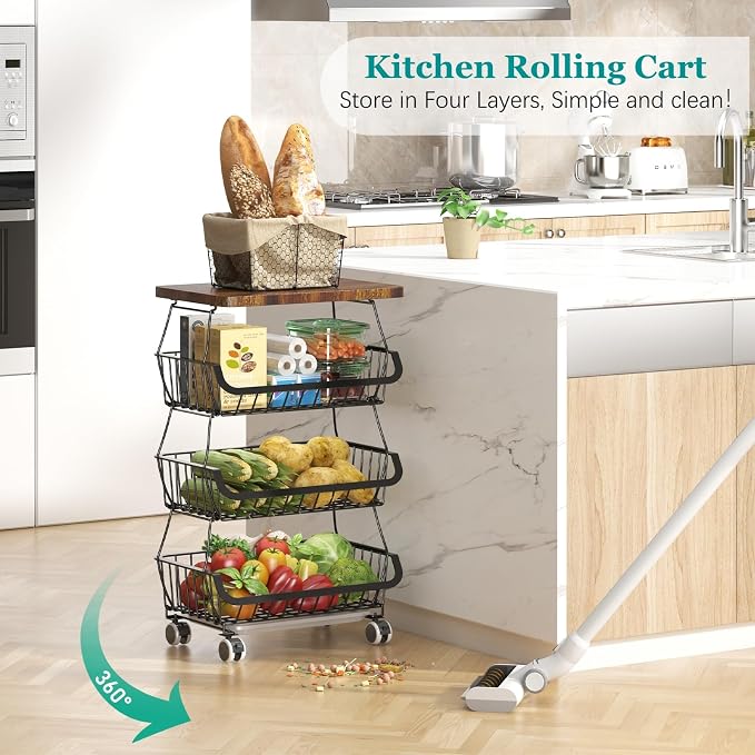 CHLORYARD Fruit Basket with Wooden Lid for Kitchen, 4-Tier Stackable Wire Fruit Vegetable Storage Basket Organizer Stand on Wheel, Produce Basket Potato Onion Storage Bins Rack Cart for Pantry - Image 2