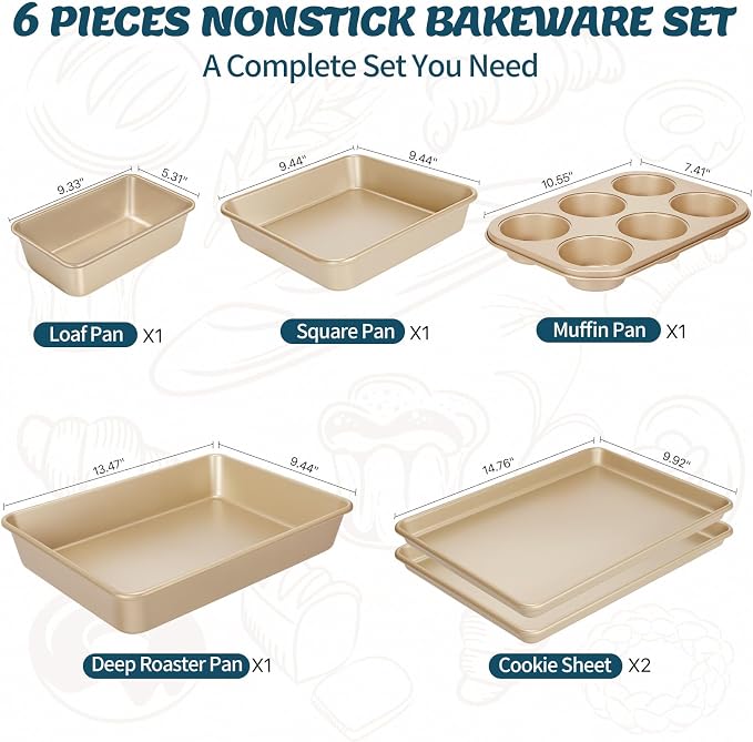 Baking Pans Set, Nonstick Stackable Bakeware Sets, Oven Pans for Cooking, AIVIKI 6 Pieces Baking Sheets Set Including Cookie Sheet, Deep Roaster Pan, Square Pan, Loaf Pan, Muffin Pan, Carbon Steel - Image 2