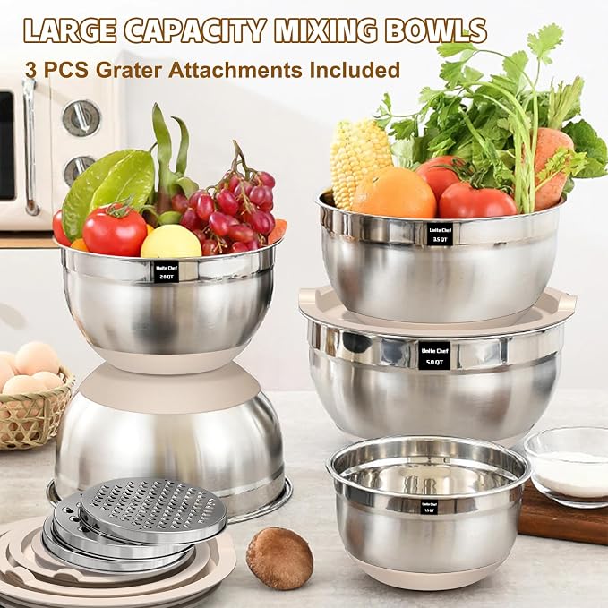 Umite Chef Mixing Bowls with Airtight Lids Set, 8PCS Stainless Steel Nesting Bowls with Grater Attachments, Non-Slip Bottoms, 5, 4, 3.5, 2, 1.5QT for Mixing & Serving - Image 5
