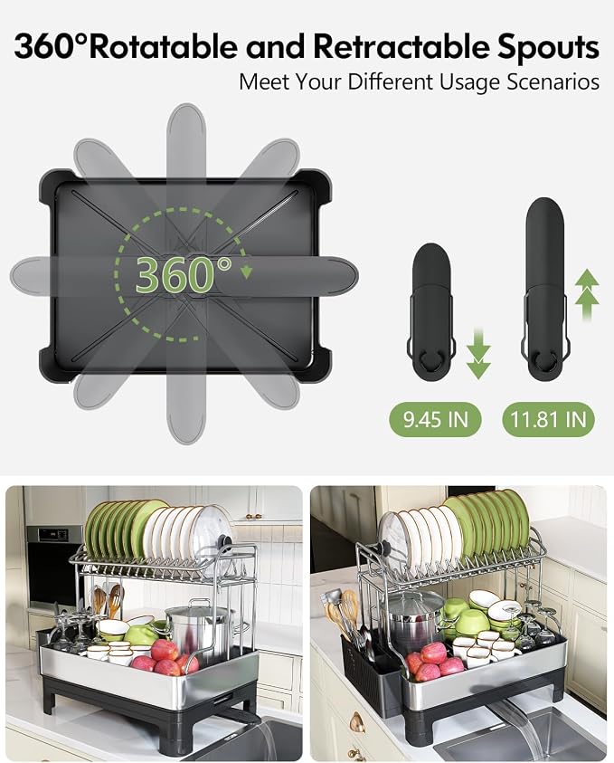 2 Tier Large Stainless Steel Dish Drying Rack with Drain Board | Space Saving, Rust Proof Metal, Automatic Drainage Drainer for Kitchen Counter, Modern Black and Silver for Pots and Pans - Image 5