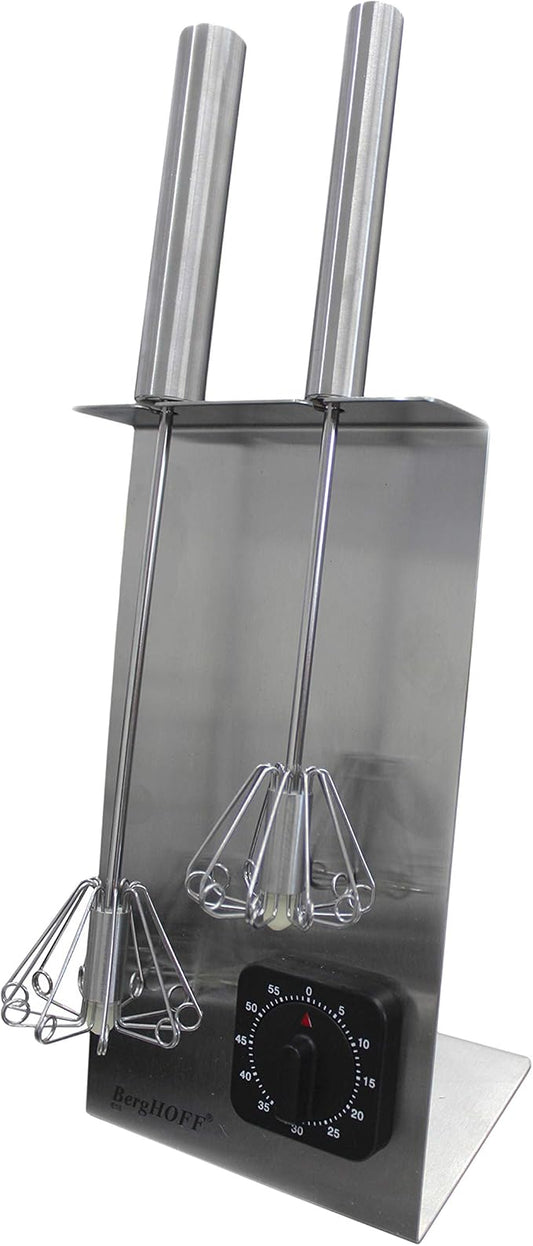 Berghoff 18/10 Stainless Steel Rotating Whisk Set with Stand & Timer | Set of 3Pc, Ergonomic Handle, Metal Wire Balloon Whisks for Cooking & Baking, Manual Hand Mixer Egg Beater, Silver Finish by BergHOFF