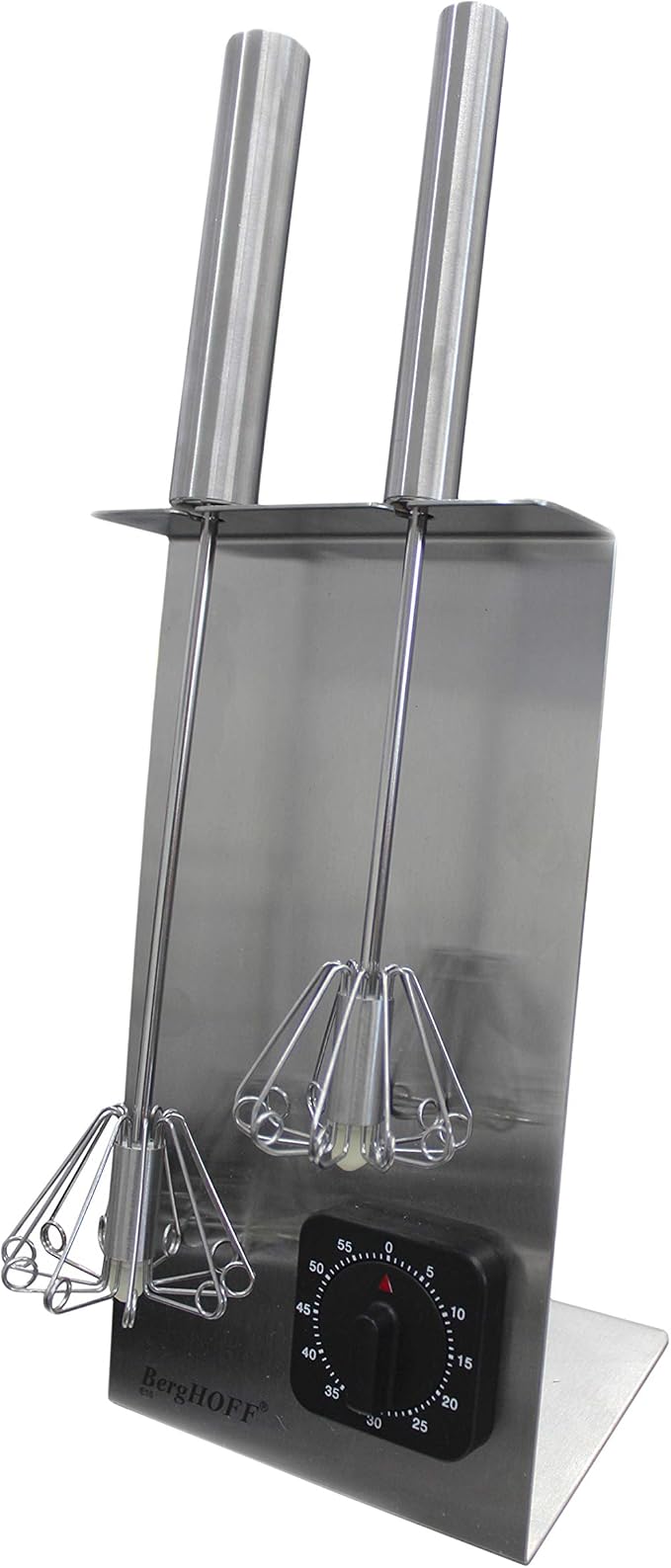 Berghoff 16.5 Inch Stainless Steel Whisk Set of 3 Pc With Stand & Timer | Featuring 18 10 Silver 10 Wire Flexible Mixing Cooking Hand Whisk With An Ergonomic Soft Grip Metal Wire Whisk Holder by BergHOFF