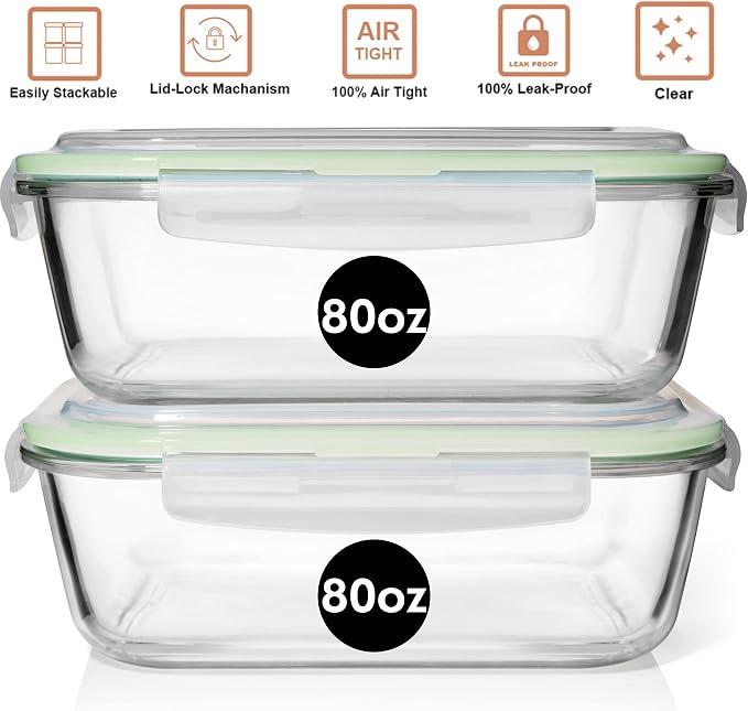 Razab 4 Pc Large Glass Food Storage Containers with Lids, Airtight, Leak Proof, BPA Free - Image 4