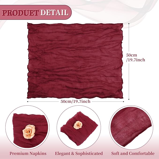 fani 60 Pack Gauze Cheesecloth Napkins, 20 x 20 in, Burgundy | Wrinkled Table Napkins, Soft Cotton, Rustic Decorative, Weddings, Party, Dinner Table, Everyday Use - Image 2